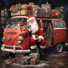 a painting of santa claus sitting on the hood of a vw camper van