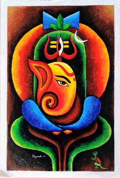 an artistic painting on paper depicting the face of lord ganesh