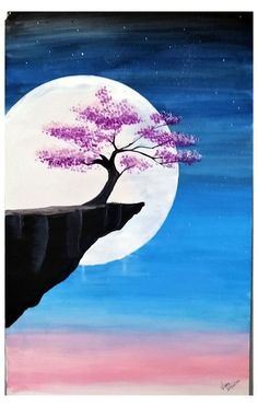 a painting of a tree on top of a cliff with the moon in the background