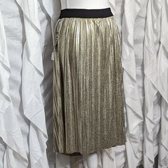 Studio 253 Gold Pleated Skirt- Vintage 90's Y2k Gold Metallic Color With Black Stretchy Banded Waist Pleated, Light And Flowy Size 1x Measures Approx: 17" Top Of Waistband Across, 26" Waist To Bottom Hem 95% Polyester, 5% Spandex Hand Wash Brand New With Tags! Perfect For Christmas! Or Halloween! Part Of A Fun Snazzy Costume Or Cosplay Gold Lined Skirt For Night Out, Gold Midi Skirt For Night Out, Gold Lined Pencil Skirt, Gold Pleated Skirt For Spring, Spring Gold Pleated Skirt, Gold Pleated Fitted Skirt, Gold Relaxed Skirt Bottoms For Spring, Pleated Pencil Skirt For Party, Fitted Gold Pleated Skirt