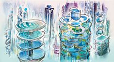 an artistic drawing of blue and green vases with water pouring out of the top