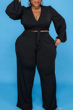 OrcaJump - Plus Size Two Piece Solid Bandage Patchwork V-Neck Casual Set in Blue Blue Two Piece Outfit, Outfit For Plus Size, Plus Size Two Piece Outfit, Black Attire, Blue Two Piece, Plus Size Two Piece, Plus Size Black, Neck Crop Top, Joggers Womens