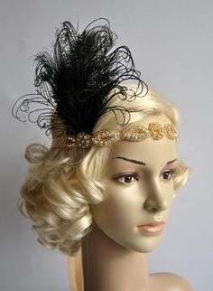 1920's flapper headpiece in gold and black, Art Deco Headpiece, Jazz Age, Old Hollywood, beaded feather headband Beads Headband, Art Deco Headpiece, Evening Cocktails, 1920s Headband, Flapper Headpiece, Black Art Deco, Beaded Feather, 1920's Flapper, Flapper Headband