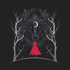 a wolf with a red cape standing in front of trees and the moon behind it