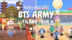 an animated image of two people standing in front of a building and the words bts army island tour