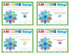 four certificates with colorful flowers and the words amazing, you've named them