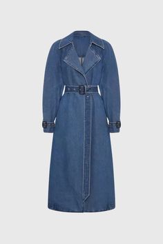 This Denim Trenchcoat with Belt is a stylish outerwear piece that combines the classic design of a trench coat with the casual appeal of denim. The coat is dark blue and features a collar and lapels, giving it a sophisticated look. It comes with a belt that can be tied around the waist, allowing you to adjust the fit to your liking.Fabric: Cotton, Polyester Luxury Chic Denim Outerwear, Luxury Garment-washed Denim Jacket For Work, Luxury Collared Denim Jacket For Workwear, Luxury Classic Denim Jacket With Welt Pockets, Luxury Classic Fall Denim Jacket, Luxury Classic Denim Outerwear, Halterneck Mini Dress, Denim Trench Coat, Classic Trench Coat