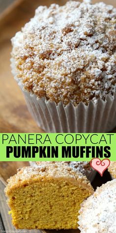 a muffin with powdered sugar on top and the words, panera copycat pumpkin muffins