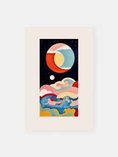 an abstract painting with the moon and clouds above it in blue, red, yellow and orange