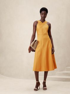 Linen-Blend Cross-Front Midi Dress | Banana Republic Factory Spring Midi Dress With Halter Neck And Crisscross Straps, Spring Halter Neck Midi Dress With Crisscross Straps, Chic Spring Midi Dress With Crisscross Straps, Chic Midi Dress With Crisscross Straps For Spring, Spring Chic Halter Dress With Crisscross Straps, Chic Halter Dress With Crisscross Straps For Spring, Spring Midi Dress With Crisscross Straps And Cross Back, Fitted Spring Halter Dress With Cross Back, Fitted Cross Back Halter Dress For Spring