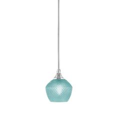 a light blue glass hanging from a ceiling fixture