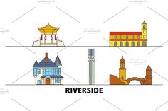 the different types of buildings in riverside, washington and portland state parks are depicted on this white background