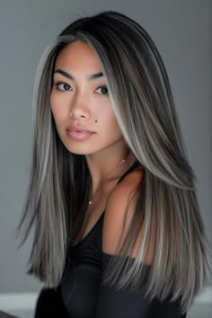 #BEAUTY, #RELATIONSHIPS #Fashion #Animals #Outfits #Winter Outfits #Animals Black Hair With Ash Highlights, Black Hair With Grey Highlights, Brown Hair With Silver Highlights, Black And Silver Hair, Natural Dark Hair, Gray Blending, Grey Blending, Gray Balayage, Grey Hair Transformation