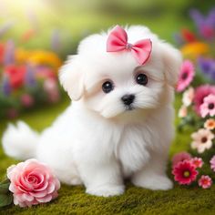 a small white dog with a pink bow sitting in the grass next to some flowers