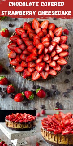 chocolate covered strawberry cheesecake on a wooden table with strawberries and chocolate chips around it