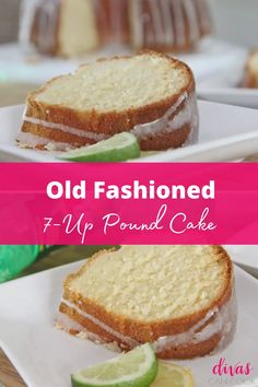 old - fashioned 7up pound cake with lime and icing on a white plate