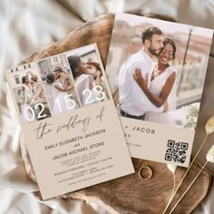 two wedding photos on top of a wooden slice