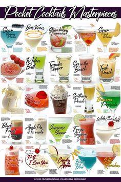 a poster with different types of cocktails on it's sides and the names of each