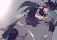 two anime characters hugging each other in front of a plant with their arms around one another