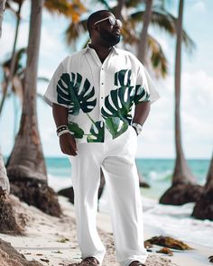 This men's short-sleeved shirt and pants set exudes a strong Hawaiian style with its simple design. The white shirt is dotted with green leaf prints, creating a unique island atmosphere. Paired with simple white trousers, the overall style is fresh and natural. The simple design makes this set versatile, whether it is a vacation or daily leisure, it is an ideal choice. Style: Short-Sleeved Shirt Pants Set Design: Print, Green Leaf, White, Hawaiian Style Fit: Loose Neckline: Lapel Sleeve Length: Tropical Chic Men Outfit, Trendy Male Outfits Summer, Male Hawaiian Outfit, Unique Shirt Designs For Men, Caribbean Outfits Men, Jamaica Outfits Men, Men’s Clothing Beach, Plus Size Male Outfits, Beach Party Outfit Men