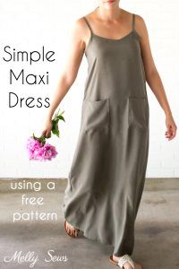 a woman in a gray dress holding a pink flower and text that reads, simple maxi dress using a free pattern