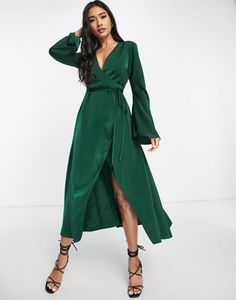 Chiffon Dresses With Sleeves, Plt Dresses, Green Wrap Dress, Wedding Guest Outfit Fall, Satin Wrap Dress, Tie Maxi Dress, High Waist Dress, Dress With Tie, Guest Outfit