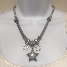 Patina Encrusted Star Charm On A Thick Silver Chain 22” Adjustable Length - Multi Textured Strands With Rhinestone And Mini Star Charms - Rustic Charm At Its Finest! Silver Star Chain Necklace, Star-shaped Rhinestone Jewelry, Nyc Drill, Black Leather Jeans, Western Necklace, Dr Wardrobe, Western Necklaces, Leather Jeans, Star Charms