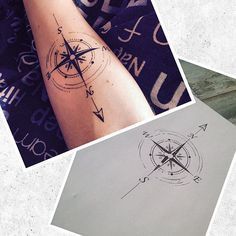 three different pictures with compass tattoos on them