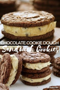 chocolate cookie dough sandwich cookies are stacked on top of each other and have cream filling