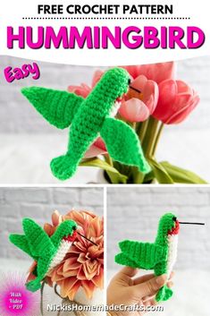 the crochet hummingbird is made from yarn and sits in a vase with flowers