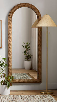 a large mirror sitting on top of a wooden floor next to a lamp and potted plant