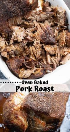 an image of pulled pork roast in the slow cooker with text overlay that reads oven baked pork roast