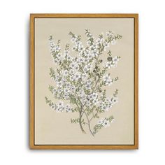 a painting with white flowers in a wooden frame on a light colored background, hanging on the wall