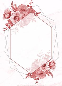 an abstract floral frame with pink flowers on a marble background in the shape of a octagon