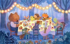 a painting of people sitting at a table with teddy bears and teacups on it