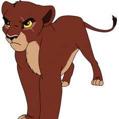 a cartoon lion with yellow eyes and brown fur, standing in front of a white background