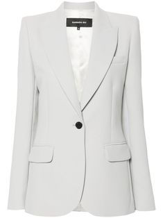 light grey crepe texture front button fastening peak lapels shoulder pads long sleeves buttoned cuffs chest welt pocket dart detailing two side flap pockets spike stud detailing American rear vent satin lining straight hem Crepe Blazer, Womens Blazer, Barbara Bui, Tech Pack, Yoko London, City Dress, Summer Beach Wear, Ski Wear, Lady Dior