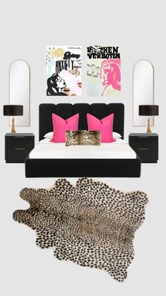 a black and white bedroom with pink pillows, leopard print rugs and art on the wall