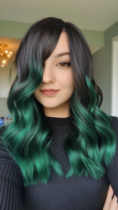 25 Eye-Catching Hairstyles with Green Hair Colors Black Hair Shag, Green Ombre Hair, Hair Shag, Mint Green Hair, Emerald Hair, Vivid Hair