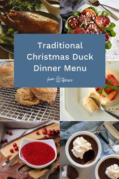 a collage of christmas dinner menus with text overlay that reads traditional christmas duck dinner menu