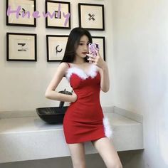 Hnewly Sexy Spaghetti Strap Dress Women Red Christmas Mini Dressses Female Fashion Bodycon Faux Fur Trendy Summer Fits, Party Night Club, Solid Color Pants, Spaghetti Strap Dress, Stylish Jackets, Bodycon Fashion, Bodycon Dresses, High Waisted Shorts Denim, Female Fashion