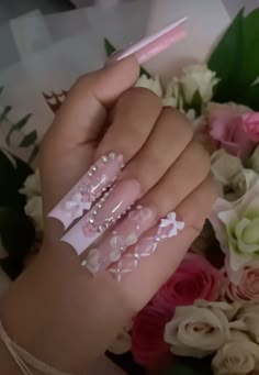 Pink Nails Quince, Nail Names Ideas, 15 Birthday Nails, Pink Quince Nails, Pink Bling Acrylic Nails, Baby Pink Acrylic Nails, Homecoming Nails Pink, Latina Nails, Birthday Nail Designs