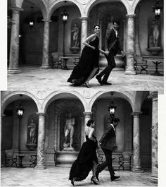 black and white photo of man and woman dancing in front of an ornate building with columns