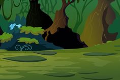 an animated scene of a forest with lots of trees and plants in the foreground