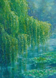 an oil painting of water lilies and trees