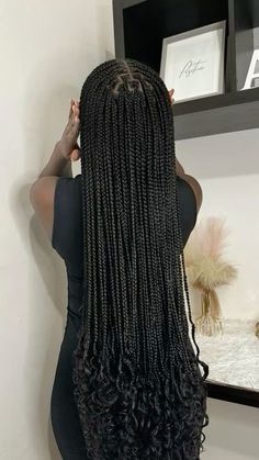 #knotlessboxbraids #braids #aesthetic Cute Braided Hairstyles Box Braids, Small Knot Less Boho Braids Hairstyles, Medium Knotless Braids Curls At The End, Braids For Black Hair With Curls, Knotless Braids Back Length, Waist Length Small Knotless Braids, Black Braids Brown Curls, Xl Knotless Braids With Curls, Long Braids For Black Women With Curls