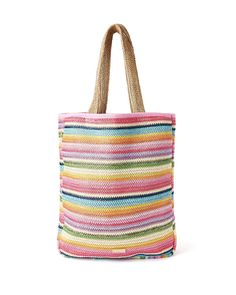 Bring a smile to everyone's face this season with this luxe woven tote with rainbow stripes and our signature eternal optimist pink smiley! Whether you use it as a beach bag, purse, or work bag, this fun tote is sure to brighten up your days! Dimensions: 16.50" x 13.25" x 3.5" Durable multicolored rattan Embroidered smiley patch Striped Rectangular Vacation Bag, Casual Multicolor Beach Bag With Double Handle, Trendy Striped Summer Bags, Striped Rectangular Beach Bag, Striped Tote Bag For Vacation, Rectangular Striped Straw Bag For Summer, Striped Beach Bag For Everyday Summer Use, Summer Striped Rectangular Bags, Multicolor Beach Bags