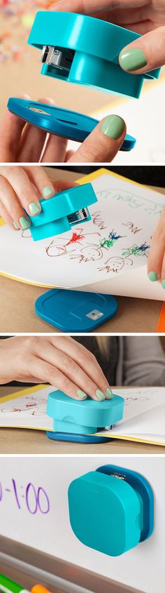 four different pictures of the same person using scissors to cut paper with colored markers on it