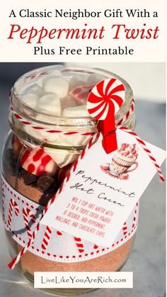 a mason jar filled with peppermint twist plus free printables for christmas