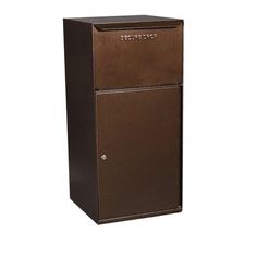 a brown metal cabinet with two doors